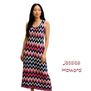 Jessica Howard Coral Cream Navy Chevron Maxi Dress NWOT Size M